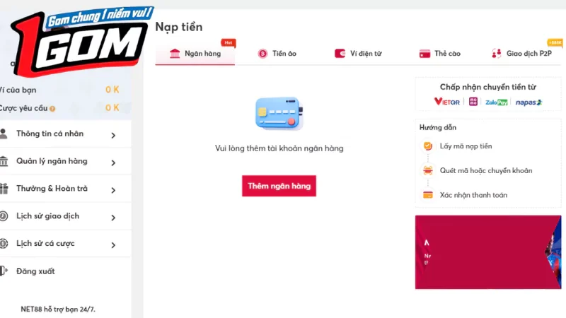 Hướng Dẫn Nạp/Rút Tiền Bong88 Chi Tiết Bước 2: Chọn phương thức nạp tiền