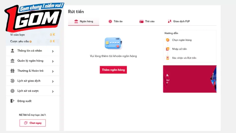 Hướng Dẫn Nạp/Rút Tiền Bong88 Chi Tiết Bước 2: Chọn phương thức rút tiền